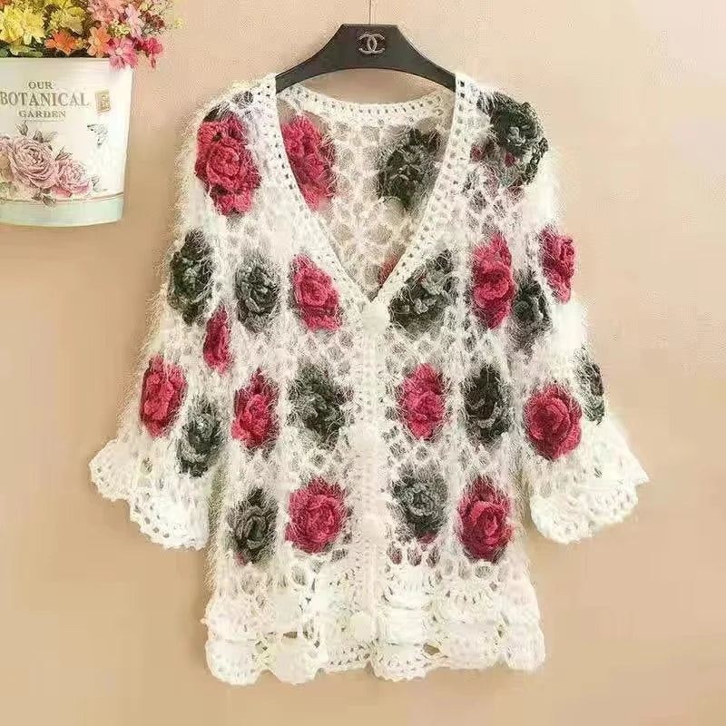 Three-Dimensional Flower Openwork Crocheted Sweater Cardigan Women'S Spring And Autumn New Heavy Industry Joker Sweater 3Xl Coat