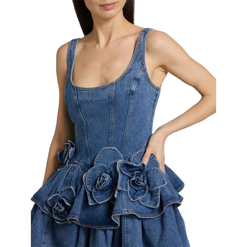 Chic Summer 3D Floral Denim Mini Dress Vintage A Line Halter High Street  Jean Vesidos 2025 New Lady Partyy2K Fashion Clothing