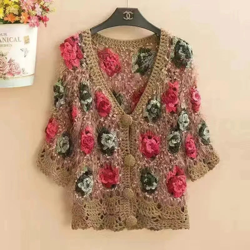 Three-Dimensional Flower Openwork Crocheted Sweater Cardigan Women'S Spring And Autumn New Heavy Industry Joker Sweater 3Xl Coat