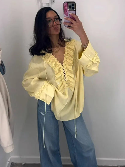 Yellow Casual Ruffles Lace-Up Shirts For Women Fashion Loose Long Sleeve V Neck Summer Blouse Lady Lightweight Holiday Tops 2025