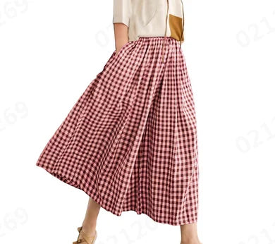Summer New Culotte Pants High Waist Pleated Slanted Pocket A-Shaped Wide Leg Covering Span Checkered Printing Trousers