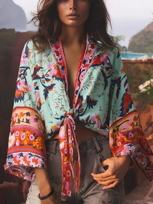 Happie Queens Floral Print Sashes Short  Kimono Women Fashion V Neck Batwing Sleeves Robe Lady Boho Bikini Cover-Ups
