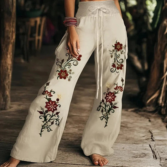 Autumn Fashion Casual Temperament Comfortable And Elegant Plant Print Women'S Elastic Waist Pants