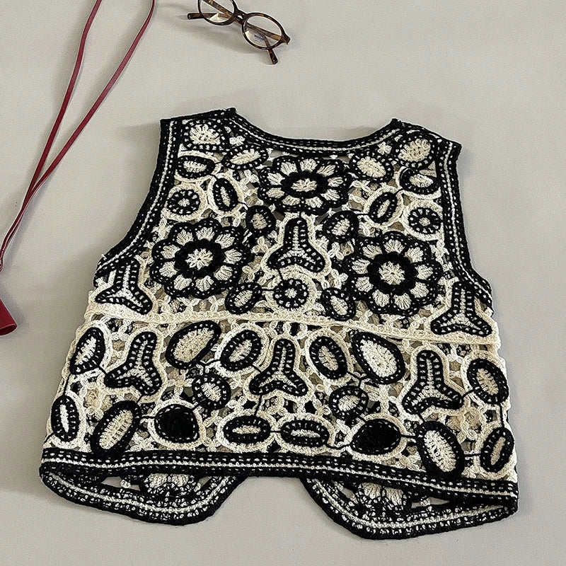 Women Floral Embroidered Crochet Vest Top Summer Beach Cover Up Cardigan Waistcoat Boho Chic Vacation Outfit