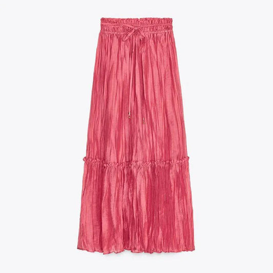 Loose Lace Up Ruched Skirts Sets Women V-Neck Lantern Sleeve Blouses Ruffles High Waist A-Line Skirt 2025 Summer Lady Outfits