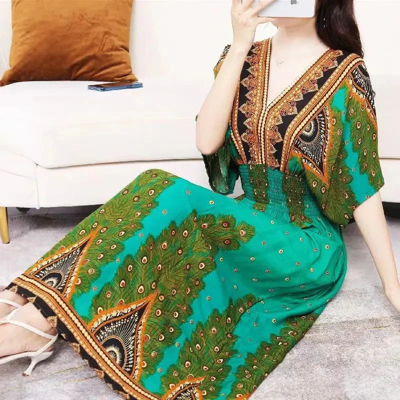 Casual Elegant Retro Bohemian National Style V-Neck Elastic  Waist Large Swing Printed Summer Long Skirt Woman Dress Clothes