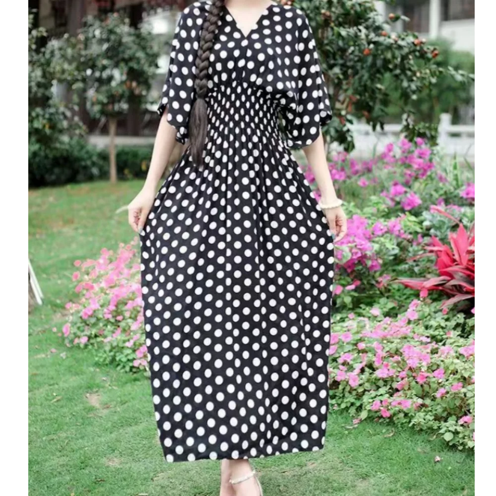 Casual Elegant Retro Bohemian National Style V-Neck Elastic  Waist Large Swing Printed Summer Long Skirt Woman Dress Clothes
