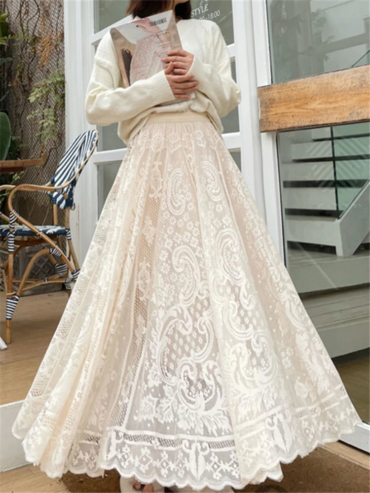 Vintage Women'S Lace Crochet Umbrella Long Skirts Bohemian High Waist Hollow Out Female Maxi Skirts Spring Summer