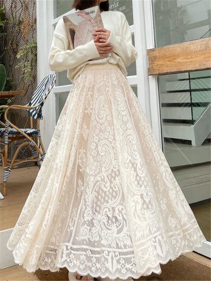 Vintage Women'S Lace Crochet Umbrella Long Skirts Bohemian High Waist Hollow Out Female Maxi Skirts Spring Summer