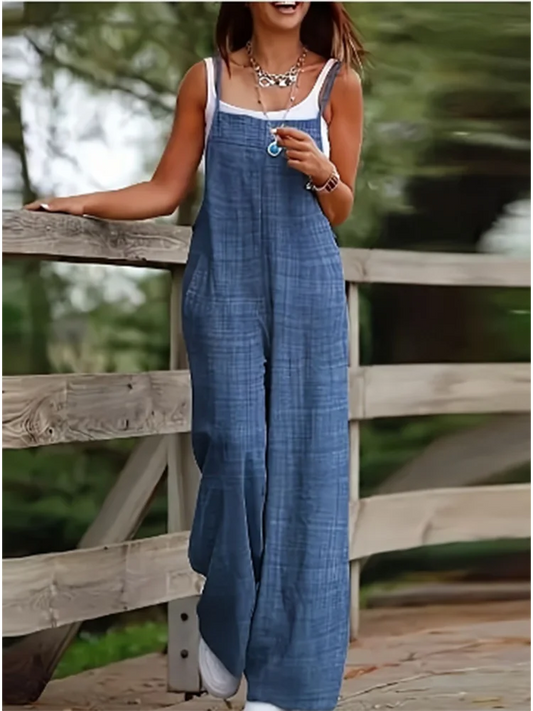 Women'S Sleeveless Jumpsuit With Suspender Loose Casual Pocket Monochromatic Summer