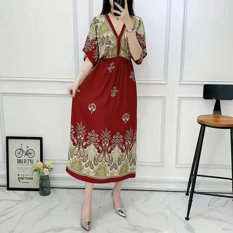 Casual Elegant Retro Bohemian National Style V-Neck Elastic  Waist Large Swing Printed Summer Long Skirt Woman Dress Clothes