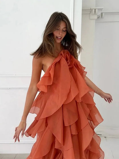 Beach Layer Ruffles Long Dress Women 3D Flower Backless Sleeveless Slim Fit Maxi Dresses Female 2025 Summer Lady Party Robes