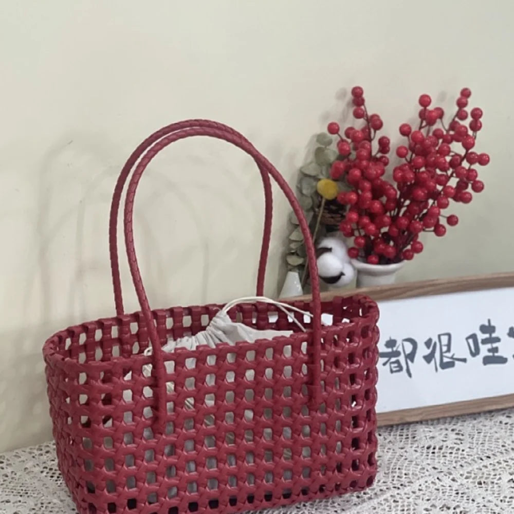 Plastic Hollow Weave Bag Countryside Style Large Capacity Beach Tote Bag Bucket Bag Bohemian Style Woman Pvc Handbag Summer