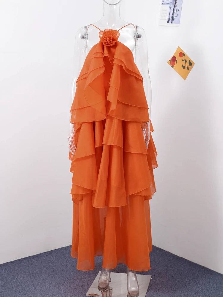 Beach Layer Ruffles Long Dress Women 3D Flower Backless Sleeveless Slim Fit Maxi Dresses Female 2025 Summer Lady Party Robes
