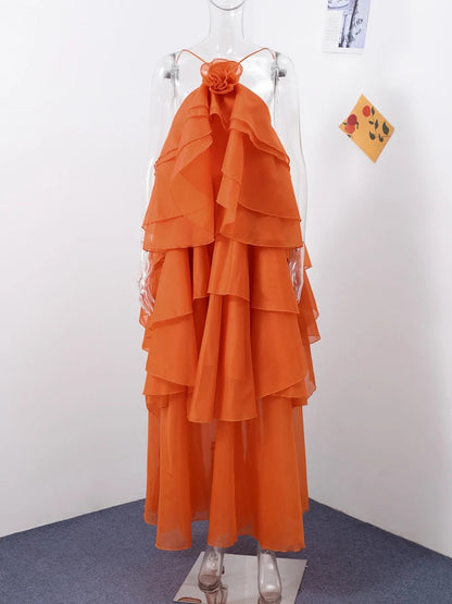 Beach Layer Ruffles Long Dress Women 3D Flower Backless Sleeveless Slim Fit Maxi Dresses Female 2025 Summer Lady Party Robes