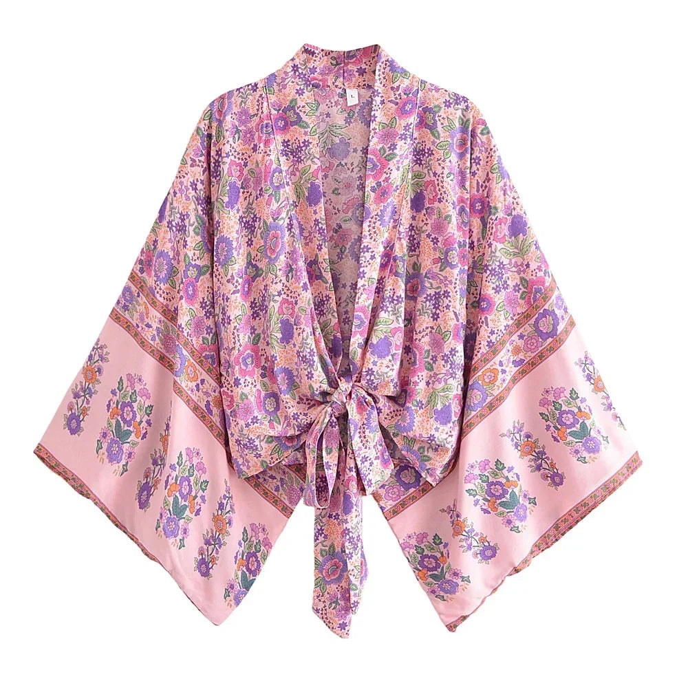 Happie Queens Floral Print Sashes Short  Kimono Women Fashion V Neck Batwing Sleeves Robe Lady Boho Bikini Cover-Ups