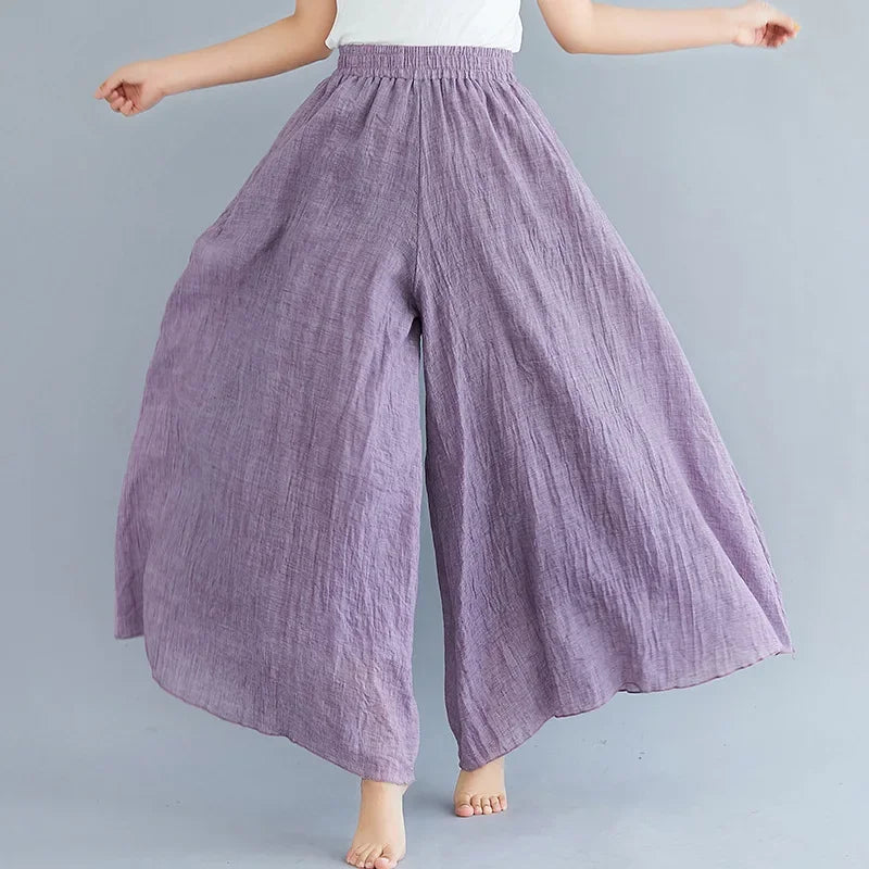 2024 Sen Women'S Artistic Plus Size Cotton Linen Pants Skirt Elastic Waist Solid Color Ethnic Style Wide Leg Pants Skirt