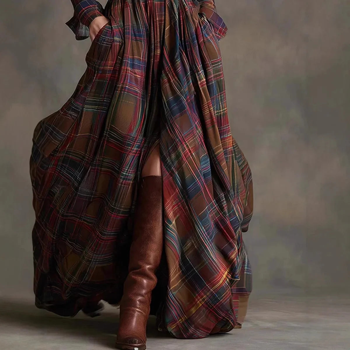 European American Women'S Shirt Maxi Dress Autumn Casual Long Sleeve Button Pocket Plaid Print Lapel Retro Long Dress Vestidos