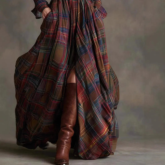 European American Women'S Shirt Maxi Dress Autumn Casual Long Sleeve Button Pocket Plaid Print Lapel Retro Long Dress Vestidos