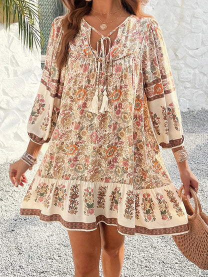 Canwedance Women'S Bohemian Printed Dress V Neck Chic Short Dress Loose Fit Viscose Holiday Dresses Femme Hippie Vestidos