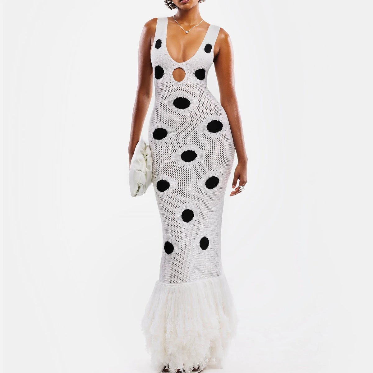 Women Sexy See Through Knitted Maxi Dress Hollow Out Deep Neck Pot Robes Tassel Hem Fork Party Vestidos 2025 New Lady Club Dress