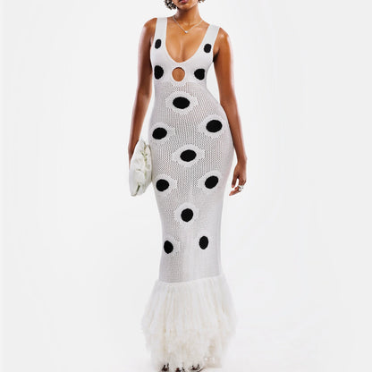 Women Sexy See Through Knitted Maxi Dress Hollow Out Deep Neck Pot Robes Tassel Hem Fork Party Vestidos 2025 New Lady Club Dress