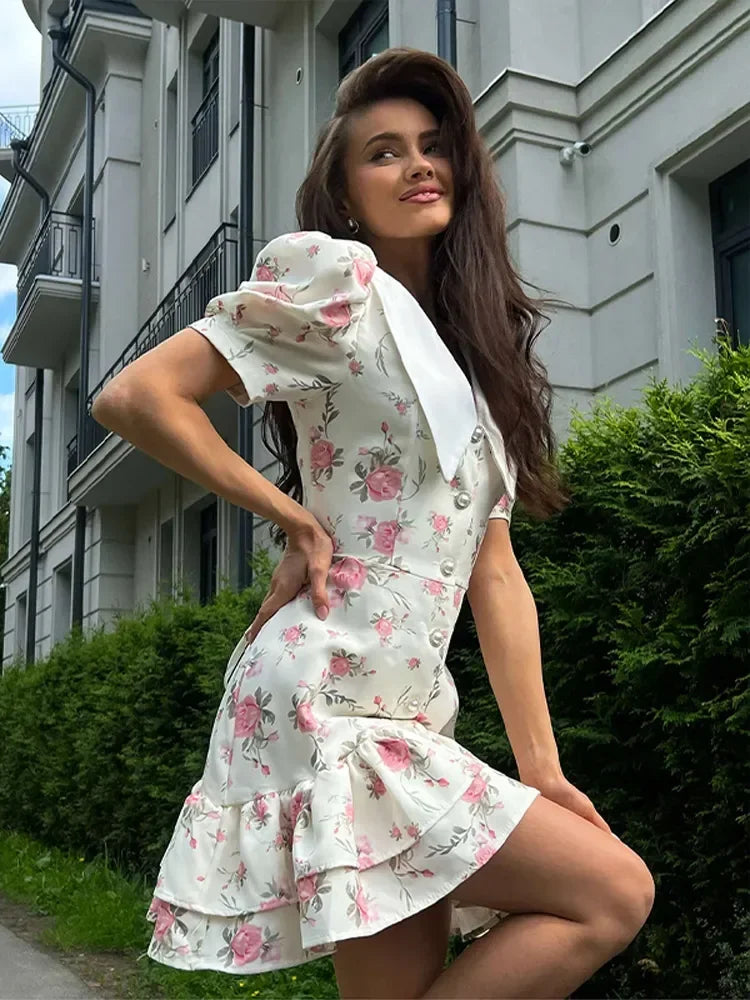 Flower Printed Lapel Mini Dress Women Casual Daily Short Sleeved V Neck A-Line Fluffy Short Vestido 2025 New Summer Holiday Robe