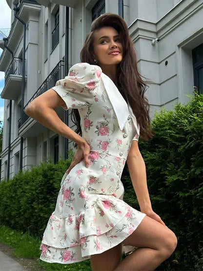 Flower Printed Lapel Mini Dress Women Casual Daily Short Sleeved V Neck A-Line Fluffy Short Vestido 2025 New Summer Holiday Robe