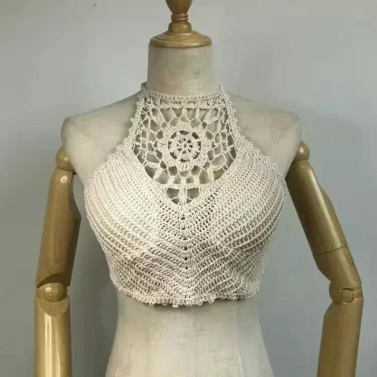 2025 Crop Tops Retro Wild Hollow Perspective Tassel Sexy Spaghetti Strap Tanke Top Women Built In Bra New Back Lace Halter Neck