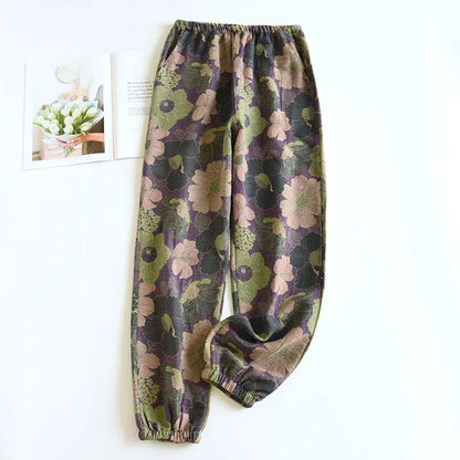 2025 New Spring Summer Women'S Pajamas 100% Cotton Crepe Pants Women'S Comfortable Loose Large Leaf Home Pants Thin Bottoms