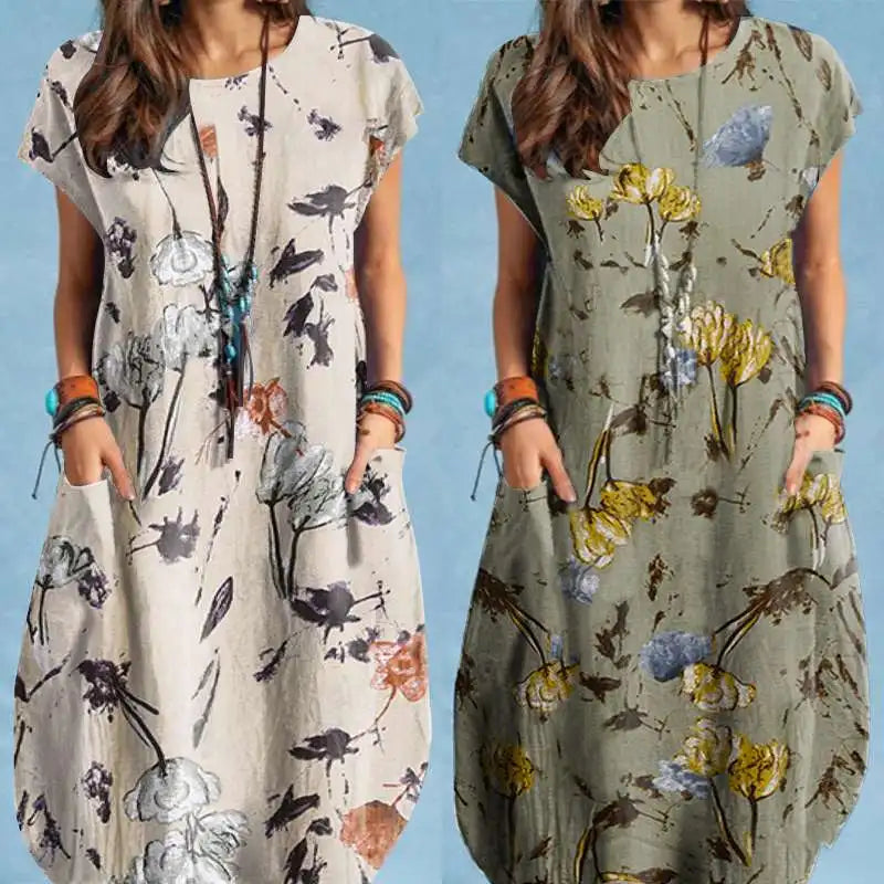Zanzea Women Summer Dress Bohemian Floral Print Vestido O-Neck Short Sleeve Pockets Sundress Fashion Casual Elegant Holiday Robe