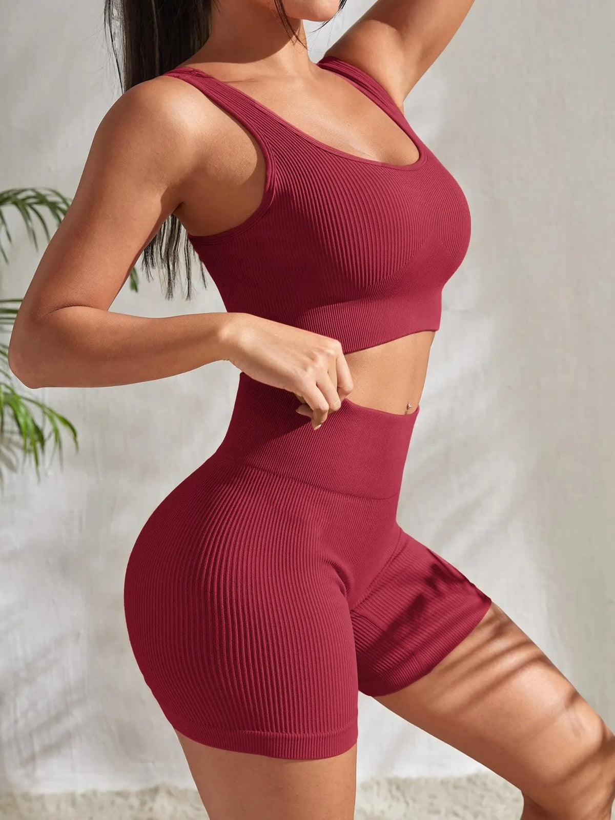 Seamless Ribbed Yoga Sets Workout Sets For Women 2 Pieces Gym Suits Ribbed Crop Tank High Waist Shorts Outfits Fitness Running
