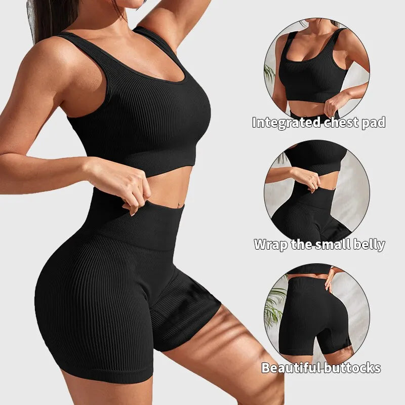Seamless Ribbed Yoga Sets Workout Sets For Women 2 Pieces Gym Suits Ribbed Crop Tank High Waist Shorts Outfits Fitness Running