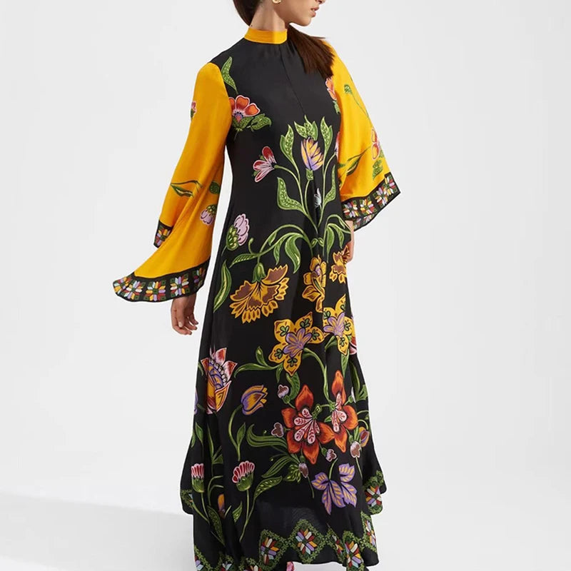 Ethnic Retro Spring Print Boho Long Dress Women Sexy Stand Collar Lace-Up Party Dress Fall Long Sleeve Loose Ladies Maxi Dresses