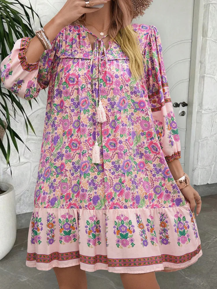 Canwedance Women'S Bohemian Printed Dress V Neck Chic Short Dress Loose Fit Viscose Holiday Dresses Femme Hippie Vestidos