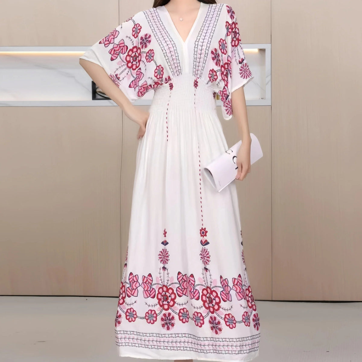 Casual Elegant Retro Bohemian National Style V-Neck Elastic  Waist Large Swing Printed Summer Long Skirt Woman Dress Clothes
