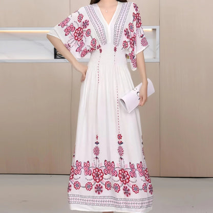 Casual Elegant Retro Bohemian National Style V-Neck Elastic  Waist Large Swing Printed Summer Long Skirt Woman Dress Clothes