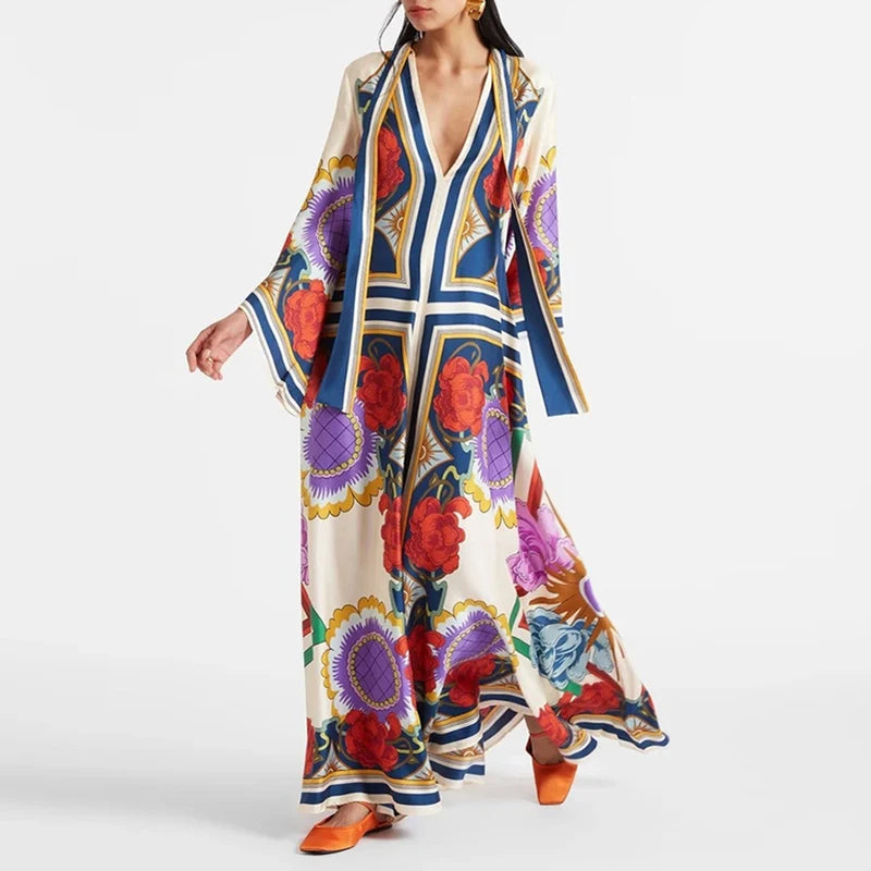 Ethnic Retro Spring Print Boho Long Dress Women Sexy Stand Collar Lace-Up Party Dress Fall Long Sleeve Loose Ladies Maxi Dresses