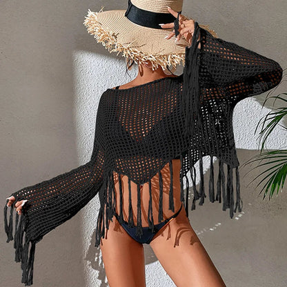 See Through Hollow Out Bikini Cover Ups Tops Women Beachwear Flared Long Sleeve Tassel Smock Crop Tops Swimsuit Cover-Up