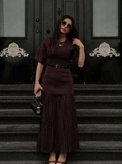 Elegant O Neck Short Sleeve Maxi Dress Women Fashion Solid Pleated Gauze Patchwork Dresses 2025 New Lady Office Commute Vestidos
