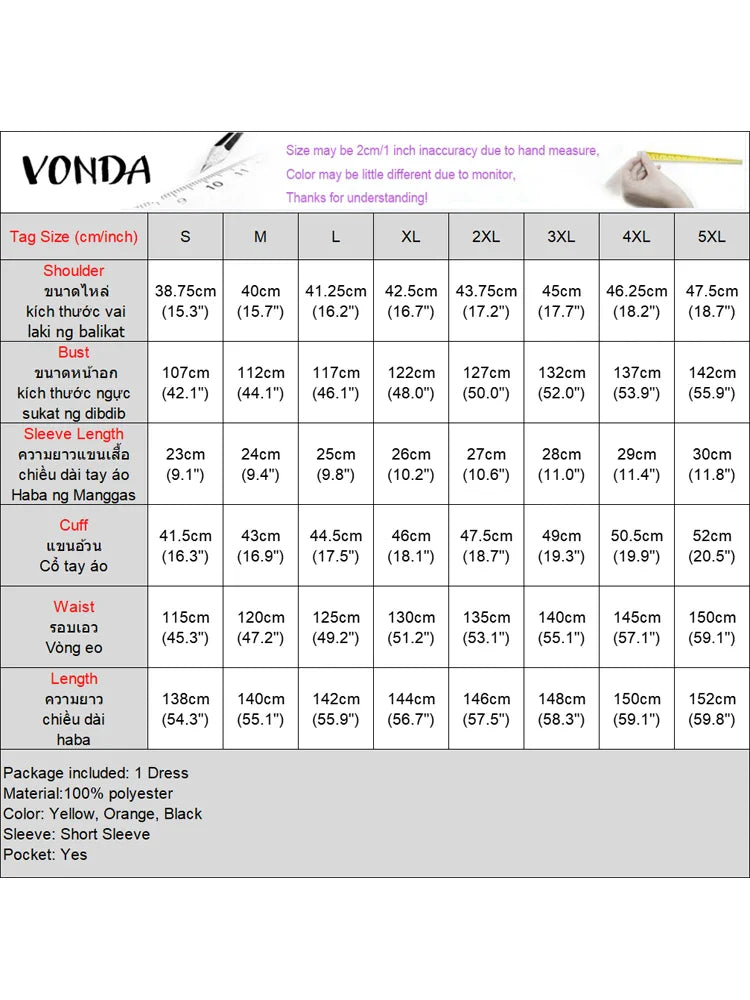 Plus Size Vonda Women Bohemian Dress 2025 Summer Sundress Solid Color Casual Short Sleeve Party Ruffled Vestidos V-Neck Robe