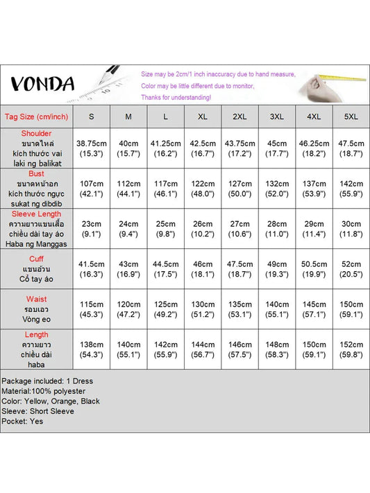 Plus Size Vonda Women Bohemian Dress 2025 Summer Sundress Solid Color Casual Short Sleeve Party Ruffled Vestidos V-Neck Robe