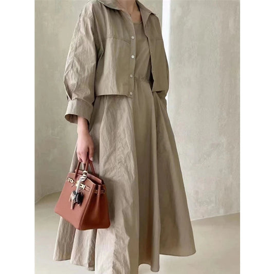 Summer 2 Pieces Women'S Dress Suits Turn-Down Short Jacket And Solid Casual Tank Dress Sets Outfits 2024 New Spring