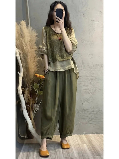 Faionable Cotton Linen Set Women'S Summer New Print Patchwork Slimming Two-Piece Top Harlan Pants Fake Two-Piece Suit