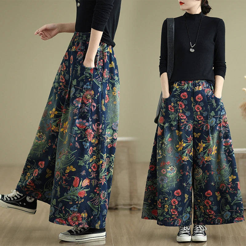 Plus Size Denim Wide Leg Pants Women'S Autumn Winter New Print Elastic Loose Slimming Casual Straight Cut Commute Sle High ...