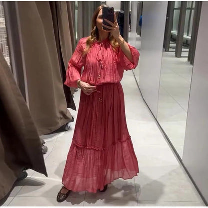 Loose Lace Up Ruched Skirts Sets Women V-Neck Lantern Sleeve Blouses Ruffles High Waist A-Line Skirt 2025 Summer Lady Outfits
