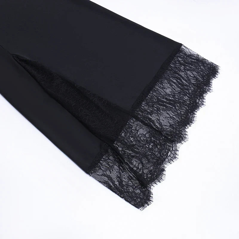 2024 Black Spaghetti Strap Backless Split Lace Dress