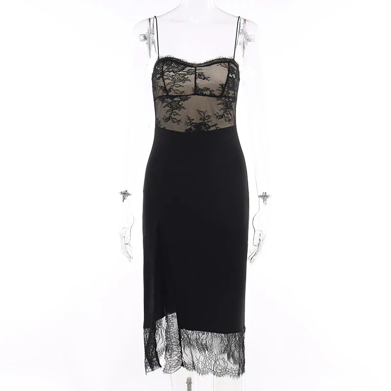 2024 Black Spaghetti Strap Backless Split Lace Dress