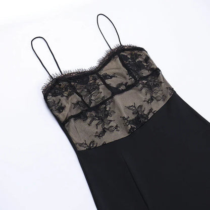 2024 Black Spaghetti Strap Backless Split Lace Dress