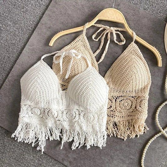 Sexy Boho Beach Holiday Camisole Halter Women Crochet Knit Swimsuit Bra Backless Vest Hollow Tassel Tank Top Women'S Crop Tops